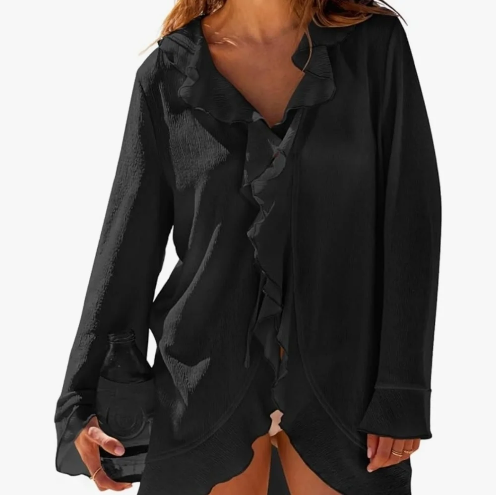Tie Front Ruffle Blouse Top Casual Loose Long Sleeve Kimono Bathing Suit Beach C - Picture 2 of 4